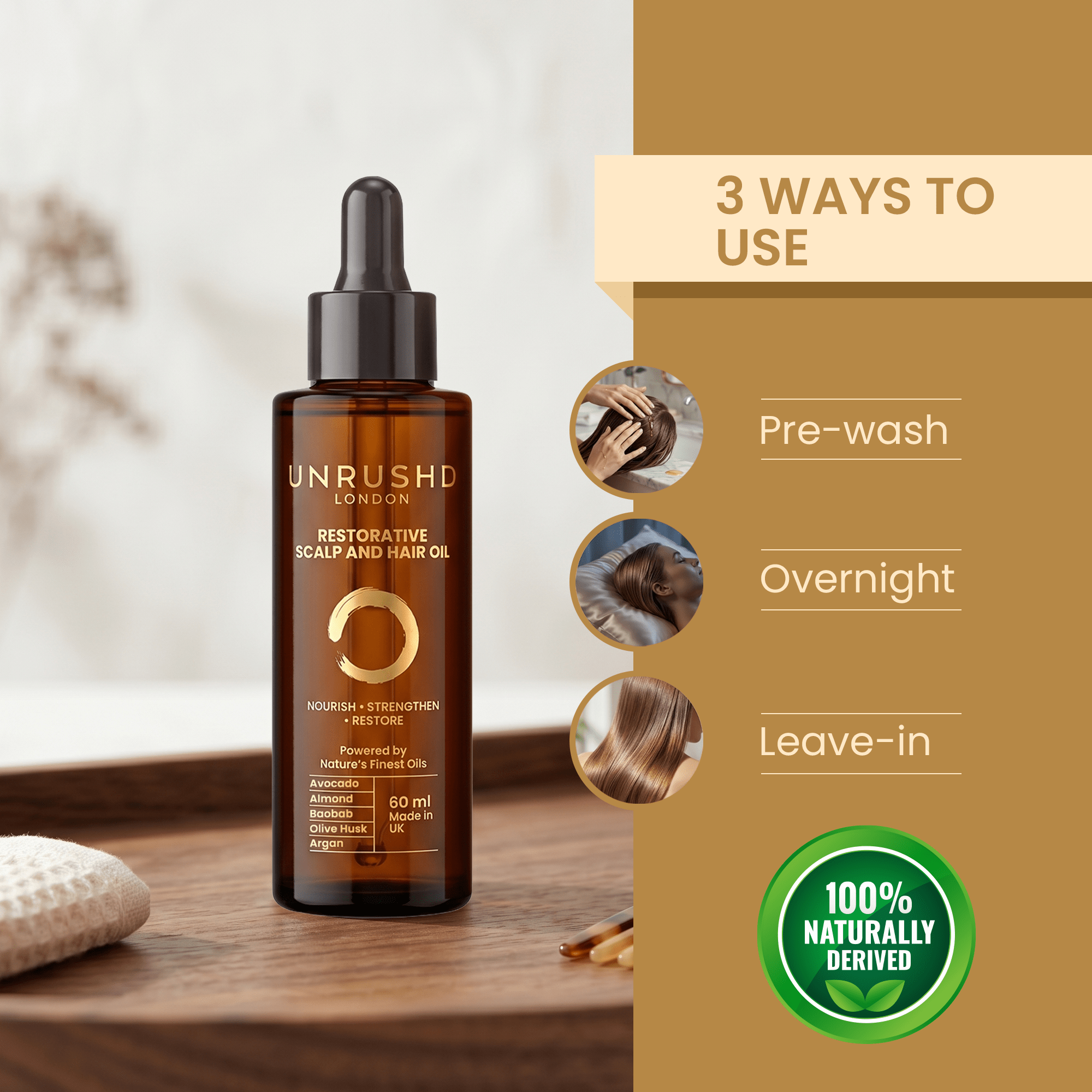 Restorative Hair and Scalp oil - Hair fall reduction, Frizz control, Scalp nourishment, Hair regrowth - Unrushd London