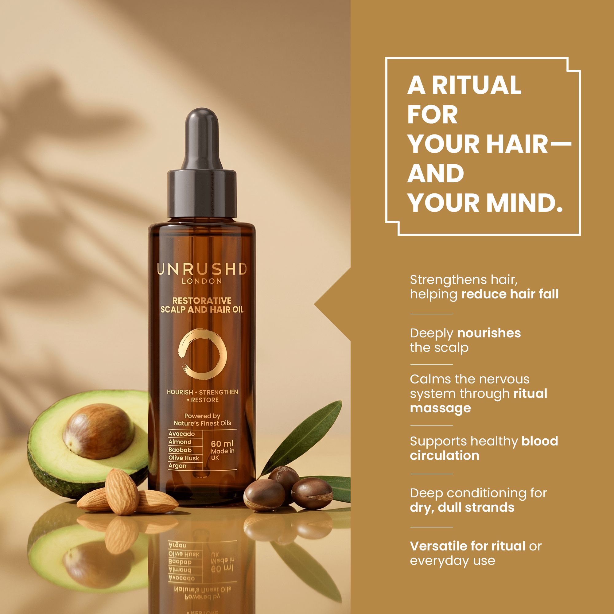 Restorative Hair and Scalp oil - Hair fall reduction, Frizz control, Scalp nourishment, Hair regrowth - Unrushd London